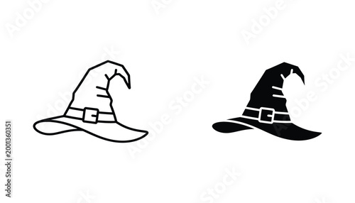 Pointy witch hat icon for Halloween and fantasy themes in black and white outline and solid silhouette