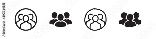 Four person group icons, teamwork, community, black and white
