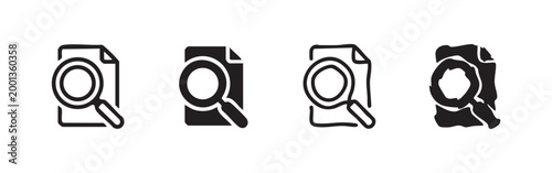 Four document search icons, magnifying glass, analysis, black and white