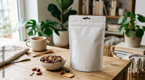 White packaging pouch mockup with snacks and coffee on table