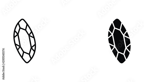 Marquise cut gemstone facet icon in black and white outline and solid silhouette style for jewelry design