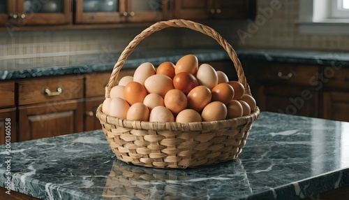 Woven Basket Full of Fresh Chicken Eggs on Rustic Surface, Organic Farm Eggs in Traditional Handcrafted Basket, Natural Food Photography, Agriculture Concept
