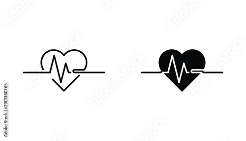 Heart shape with integrated pulse line icon set in outline and solid black styles for cardiology and healthy lifestyle branding