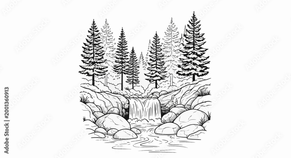 Fototapeta premium Black and white line art of a forest waterfall with pine trees