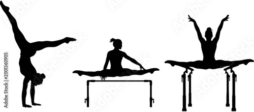 Photos Black vector silhouette collection featuring professional female gymnats performing handstands, splits, and athletic poses on parallel balance bars