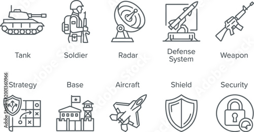 Military Icon Set: Tank, Soldier, Radar, Defense System, Weapon
