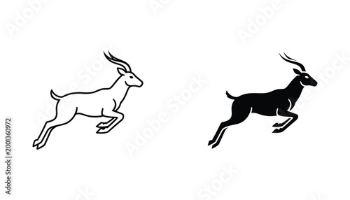 Elegant leaping gazelle icon set in outline and solid black silhouette for wildlife and sports branding or athletic logos