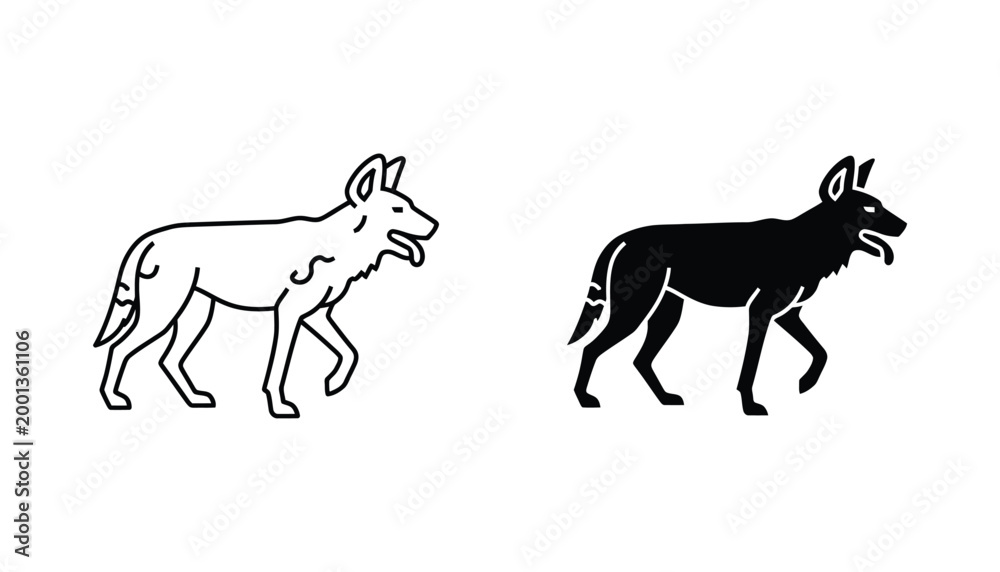 Fototapeta premium Wild coyote standing animal icon set in outline and solid black style for wildlife and nature design projects