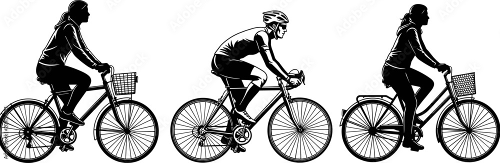 Naklejka premium Black and white vector silhouette line art illustration of three people riding bicycles including casual commuters and a sports cyclist.