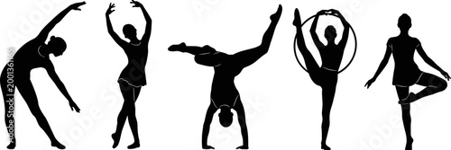 Collection of black and white female rhythmic gymnastics vector silhouettes demonstrating flexible acrobatic dance poses with a sport hoop isolated