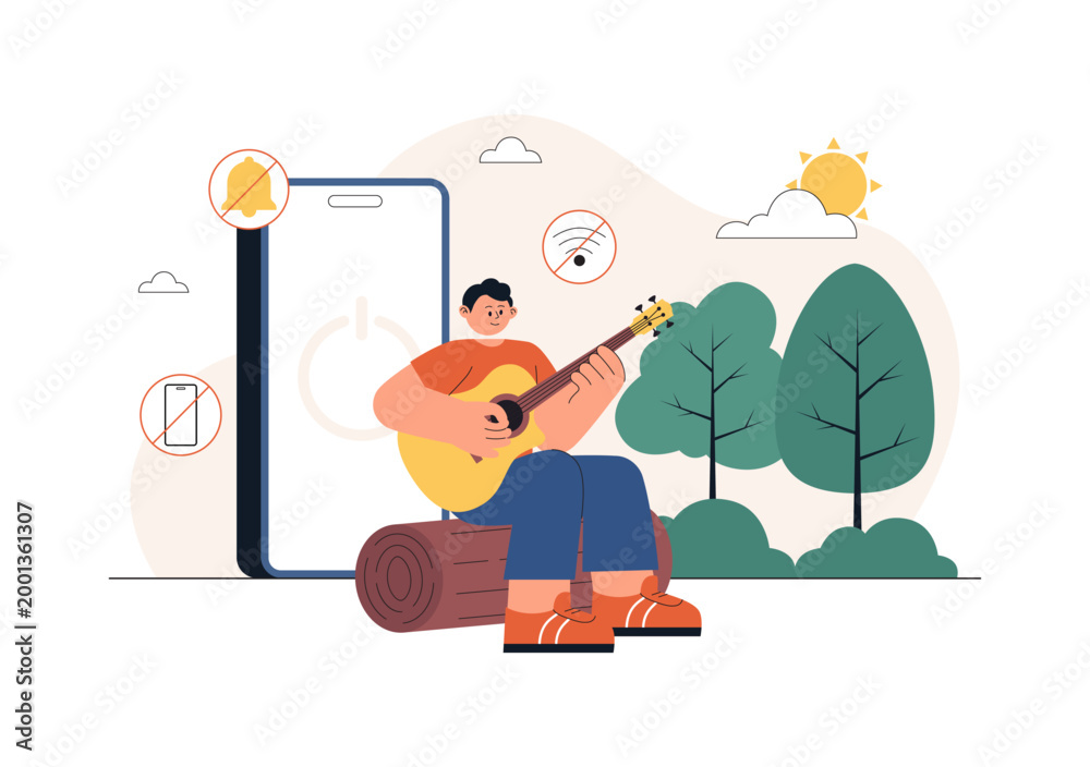 Fototapeta premium Digital Detox Vector Illustration Featuring Screen Time Reduction, Offline Lifestyle, Smartphone Disconnection, Relaxation, Outdoor Activity Design