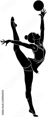 Black and white vector silhouette of a female rhythmic gymnast performing an acrobatic split pose while balancing a sports ball.