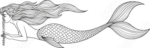 Wide panoramic black and white vector line art illustration of a beautiful mermaid swimming with long flowing hair and a detailed scaled tail.