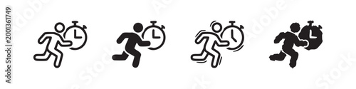 Running Person with Stopwatch Icon Set - Speed Fitness and Time Management Concept