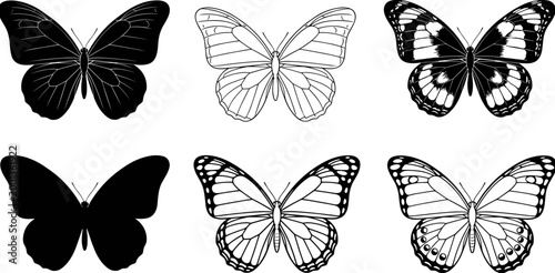 Wide panoramic black and white vector silhouette and line art collection of various butterflies featuring detailed wing patterns and solid shapes.