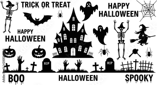 Wide panoramic black and white vector silhouette collection for Halloween featuring a haunted house ghosts pumpkins skeletons and graveyard elements.