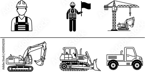 Wide panoramic black and white vector silhouette and line art set of construction industry icons featuring workers machinery and heavy equipment.
