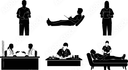 Wide panoramic black and white vector silhouette set of medical professionals and patients featuring doctors nurses and clinical consultation scenes.