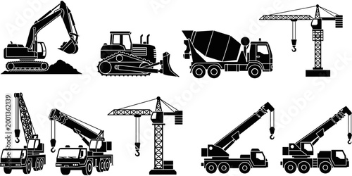 Wide panoramic black and white vector silhouette set of heavy construction machinery featuring excavators bulldozers concrete mixers and various cranes.