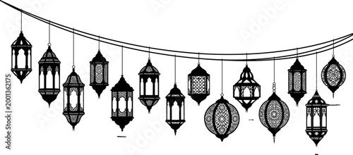 Wide panoramic black and white vector silhouette illustration featuring traditional hanging lanterns for Islamic Ramadan and Eid festival holiday celebration.