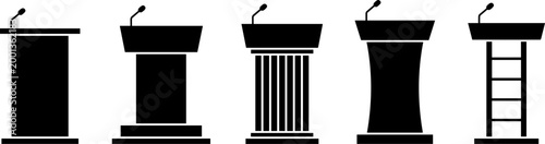 Wide panoramic black and white vector silhouette set of public speaking podiums and lecterns with microphones for corporate presentation events.