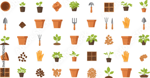 Foto Comprehensive gardening and plant care icon set featuring terra cotta pots, seedlings, garden tools, gloves, and seeds for spring planting and horticulture concepts