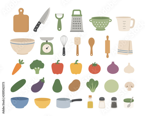 Kitchen Utensils and Fresh Vegetables Collection for Cooking and Healthy Eating
