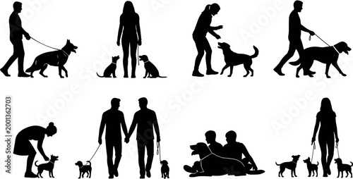 Wall Mural People walking dogs silhouette set, men and women with pets on leash, training playing exercising together, black vector icons, isolated
