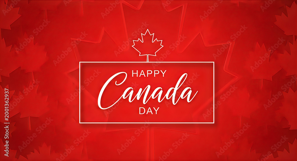 Obraz premium Celebrate canada day festive red background with maple leaf and 'happy canada' text