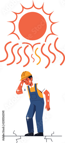 Construction worker suffering from extreme heat stroke and dehydration under a burning sun, creative vector illustration for heatwave safety and global warming concepts.
