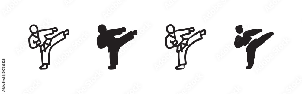 Fototapeta premium Icon set: karate kick in black and white outlines and silhouettes