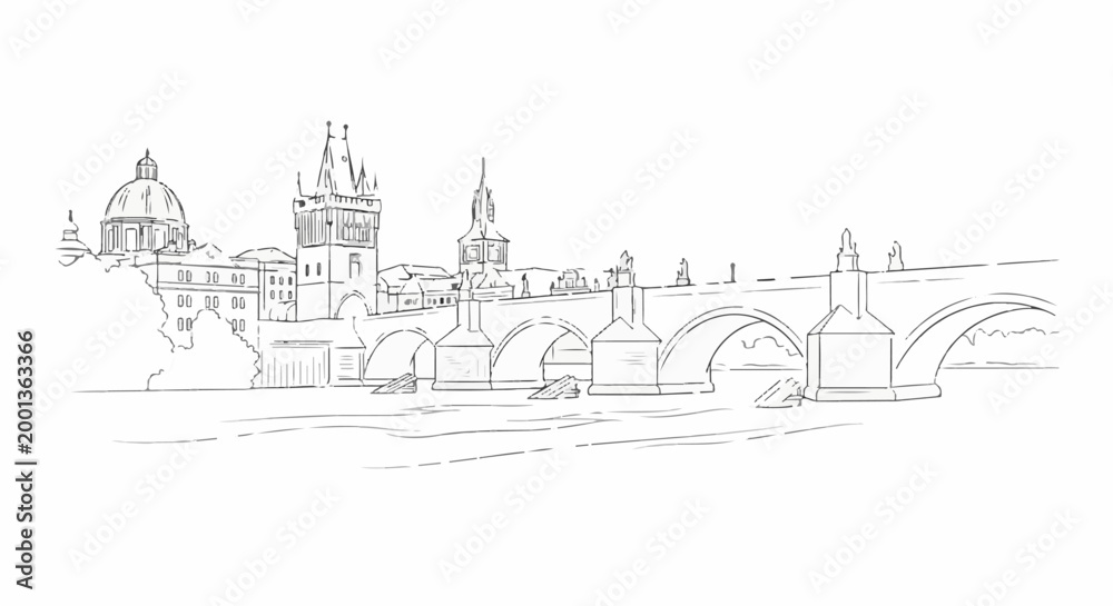 Fototapeta premium Architectural sketch of a historic stone bridge with towers and domed buildings