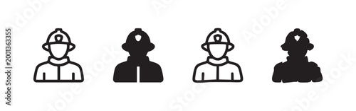 Icon set: firefighter bust in black and white outlines and silhouettes