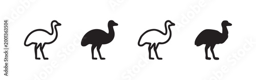 Icon set: emu or ostrich in black and white outlines and silhouettes