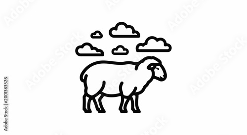 A simple line drawing of a sheep with clouds in the sky