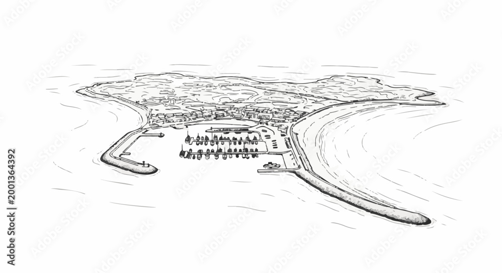 Naklejka premium Artistic sketch of a coastal town with a protected harbor and lighthouse