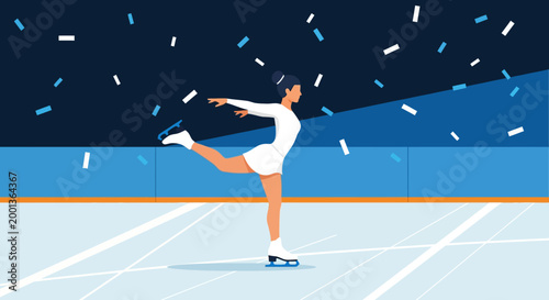 Flat Vector Illustration of a Female Figure Skater Performing on Ice