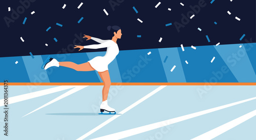 Graceful Female Figure Skater Performing on Ice Rink with Confetti Illustration