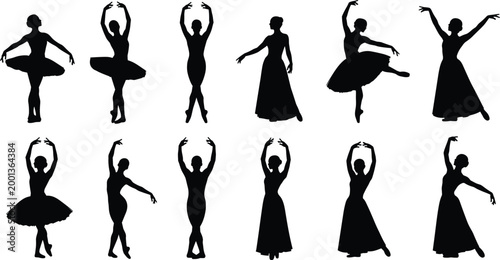 Classical and Modern Dance Silhouettes Set, Ballerina and Contemporary Dancer Poses, High-Contrast Black and White Vector Illustration