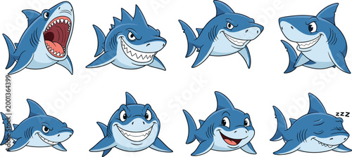 Cartoon shark character set with different expressions smiling angry sleeping ocean predator mascot vector illustration