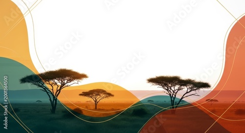 Silhouette of acacia trees on the savanna at sunset with abstract color overlays