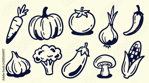 Assorted vegetable icons for culinary branding and healthy lifestyle educational materials