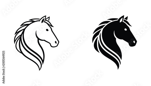 Elegant horse head profile silhouette icon in minimalist line and solid black design for equestrian branding and animal related graphic projects