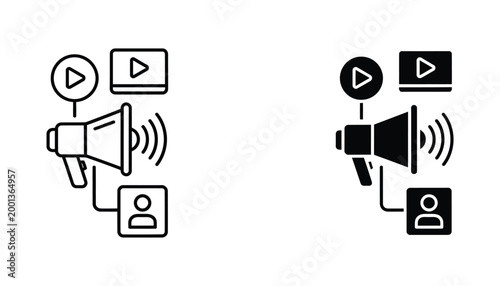 Marketing and media outreach icon set with megaphone and video play buttons for digital advertising and social media engagement campaigns