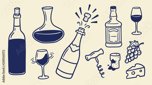 Alcoholic beverage and winery icons for restaurant menu design and hospitality branding applications