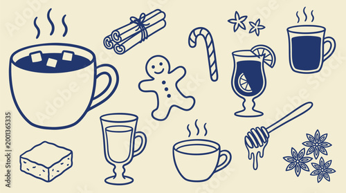 Assorted winter beverages and seasonal treats for holiday menu design and festive cafe branding