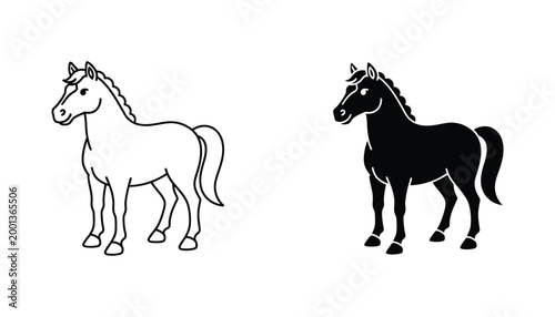 Horse silhouette icon in outline and solid black design for farm animal and equestrian themes