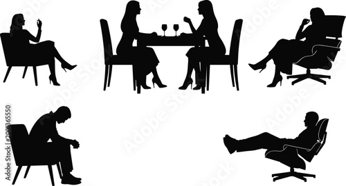 Seated People Silhouette Set, Various Relaxed Poses in Chairs, Contemplative Figures, Minimalist Black and White Vector Illustration