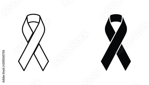 Awareness ribbon symbol set in line art and solid black silhouette styles for charity and health advocacy design projects