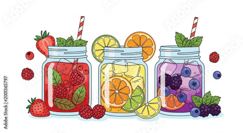 Refreshing fruit infused water in mason jars colorful summer drinks with berries and citrus healthy lifestyle 